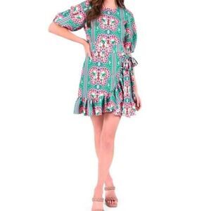 Emily Mccarthy Lola Green & Pink Mini Wrap Dress Size Medium $278 MSRP